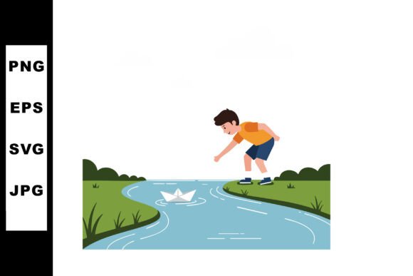 Boy Playing with Paper Boat on Small Riv: A Serene Visual Concept