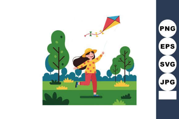 Girl Running Flying Colorful Kite in Par: A Joyful Illustration for Creative Projects