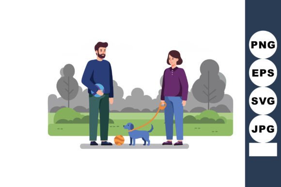 Man and Woman Walking Dog in Park with B: A Visual Depiction of Leisure and Connection
