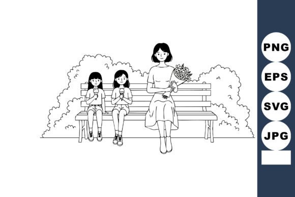 Mother and Daughters Sitting on Bench Illustration