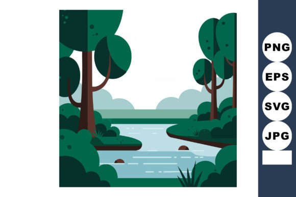 River Landscape with Green Trees and Bus