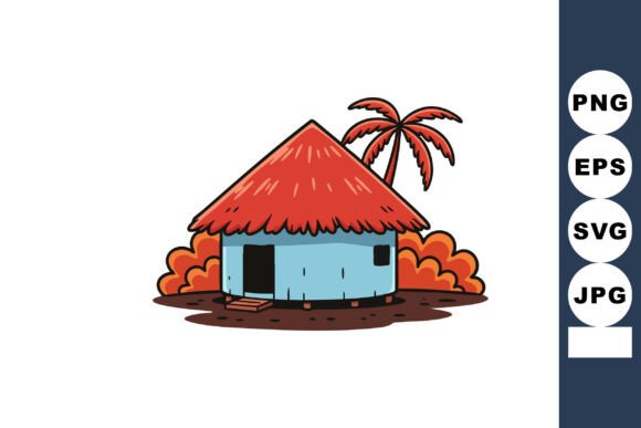 Tropical Hut with Red Thatched Roof Vector Art