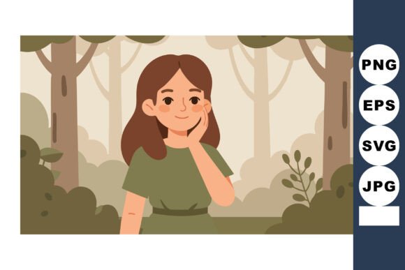 Young Woman in Green Dress Standing in Forest